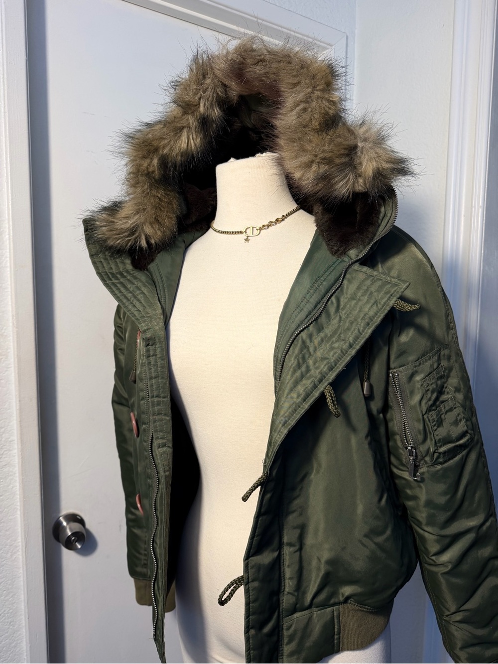 Juicy Couture Olive Green Bomber Jacket with Faux Fur Hood